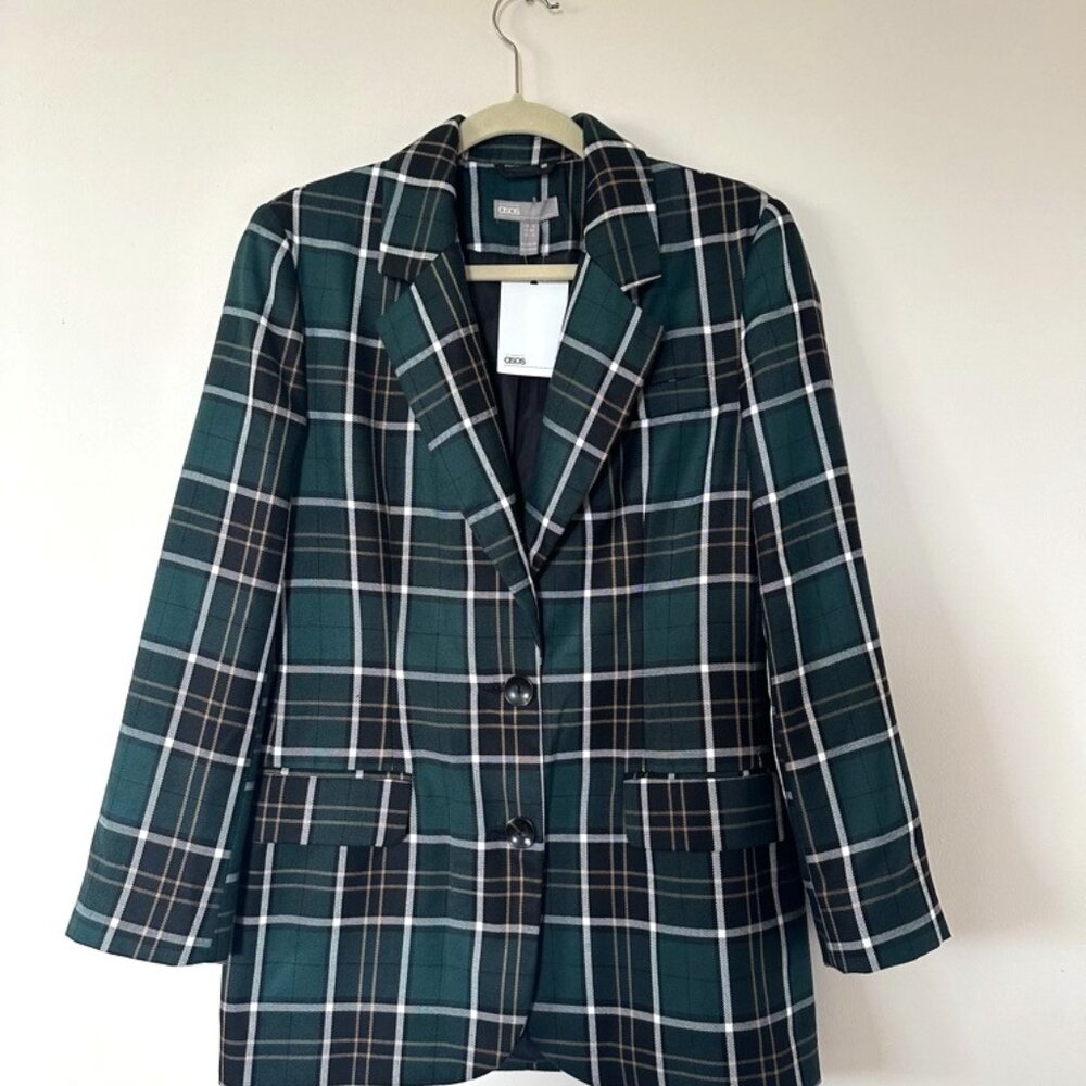 ASOS DESIGN oversized dad suit blazer in green plaid, SIze 2